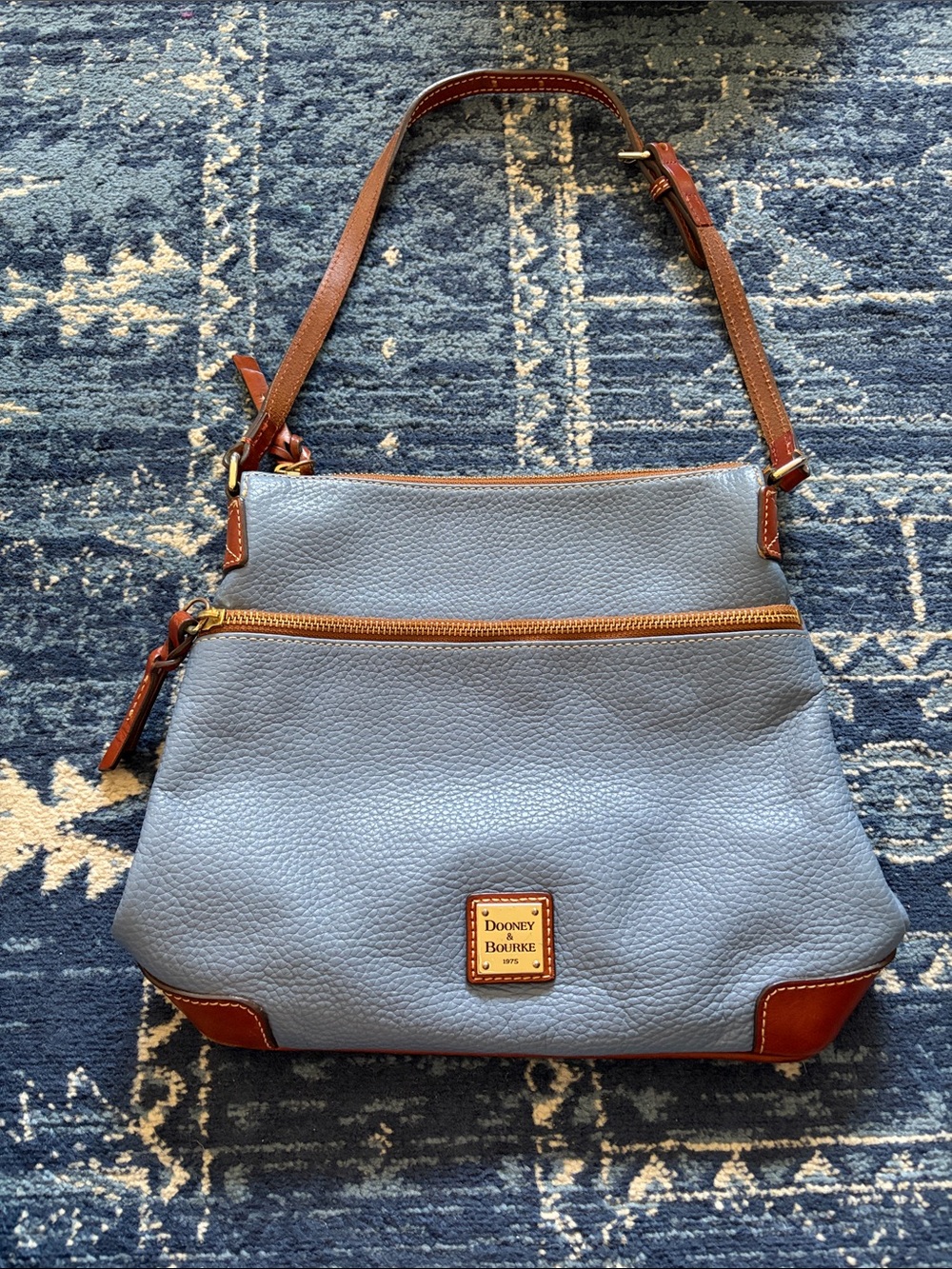 Dooney & Bourke Light Blue Pebble Leather Shoulder Bag with Brown Trim